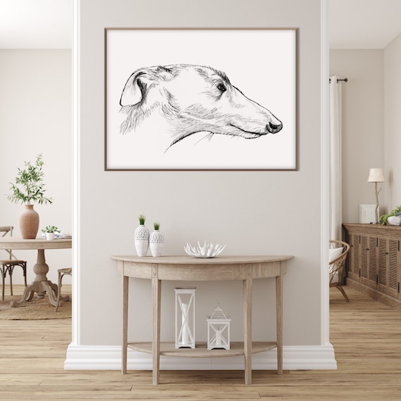 English Greyhound Print, Dog Sketch Head Silhouette Line Art Greyhound Gifts Pencil Art Print Room Decor Aesthetic Vintage Oversized Poster