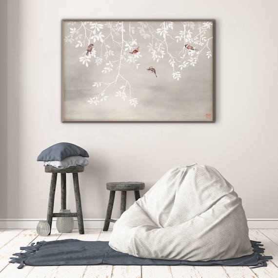 Oriental Sparrows and White Branches Print,Botanical Landscape Watercolor Art Minimal Zen Feng Shui Wall Living Room Decor Eco Friendly Gift