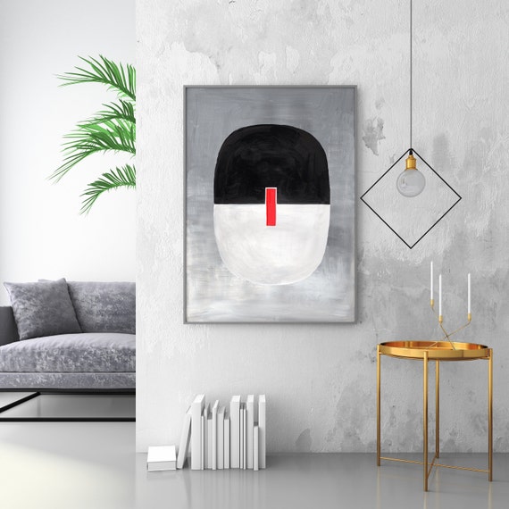 Mid Century Poster Print, Abstract Conceptual Modern Livingroom Black Grey White Red Decor Housewarming Eco Friendly Art Gift Her Him