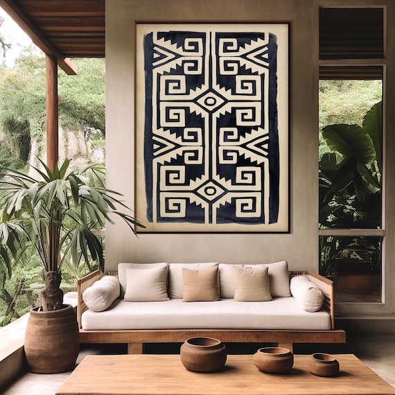 Aztec Style Pattern Art Print, Ethnic Decor Art Black Beige Geometric Mexican Style Boho Minimal Room Decor Housewarming Eco Friendly Gift