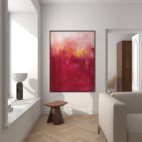 Abstract Minimal Watercolor Poster Print, Conceptual Modern Livingroom Magenta Orange Yellow Housewarming Eco Friendly Art Gift Her Him