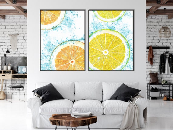 Set of Two Orange Lemon Wall Art Print, Watercolor Citric Fruit Poster Turquoise Housewarming Eco Friendly Gift Restaurant Kitchen Decor