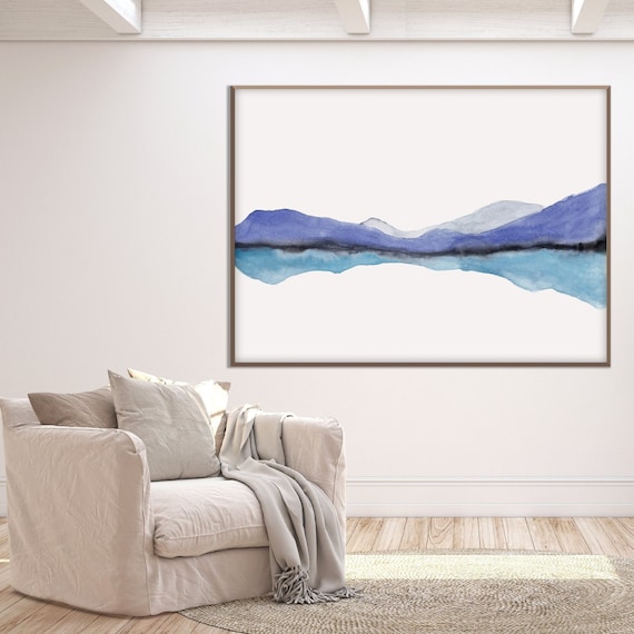 Abstract Landscape Water Poster Print, Contemporary Minimal Watercolor Modern Blue Living Room Decor Eco Friendly Wall Art Gift Her Him