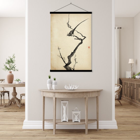 Japanese Sumi E Bird Cherry Blossom Print, Oriental Asian Landscape Ink Watercolor Sumi E Minimal Zen Feng Shui Wall Decor Eco Friendly Gift