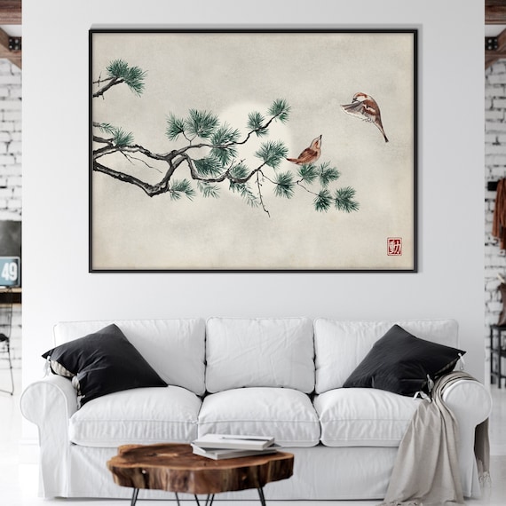 Japanese Pine Tree and Sparrows Print, Oriental Asian Landscape Ink Watercolor Sumi E Art Minimal Zen Feng Shui Wall Decor Eco Friendly Gift