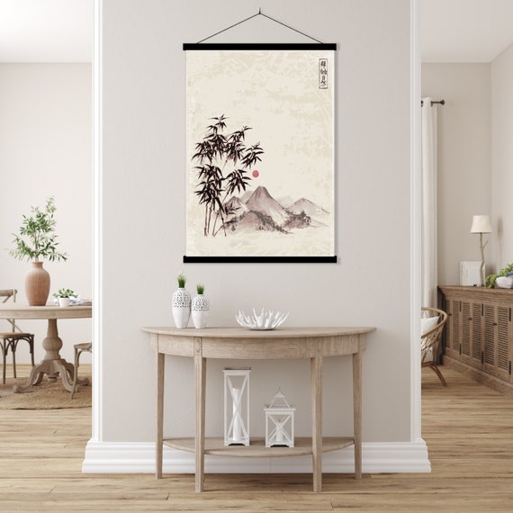 Japanese Bamboo Fuji Mount Landscape Print, Oriental Asian Watercolor Beautiful Feng Shui Zen Scrol Wall art Eco Friendly Gift Minimal decor