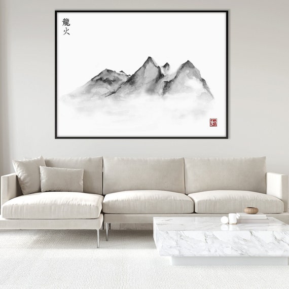 Japanese Sumi E Mountain Landscape Print, Asian Oriental Watercolor Relaxing Meditation Feng Shui Zen Scroll Eco Friendly Gift Minimal decor