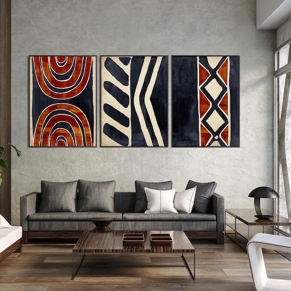 Set of Three African Art Print, Ethnic Tribal Black Beige Wall Art Tribal Minimal Modern Boho Room decor Housewarming Eco Friendly Gift