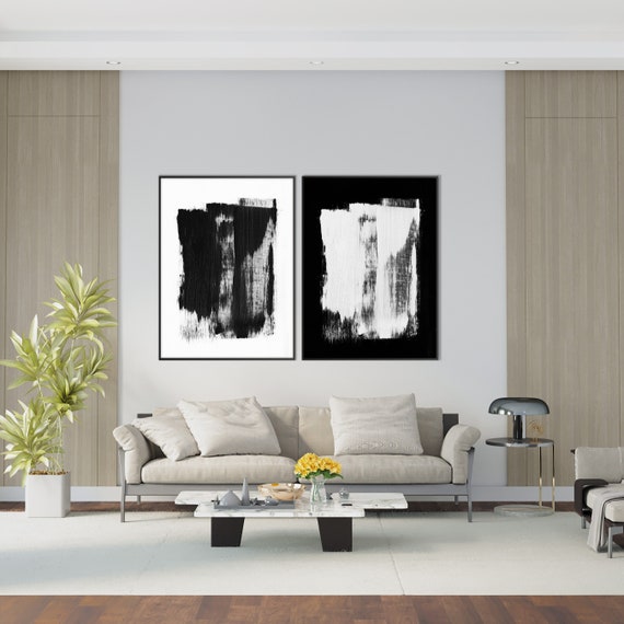 Set of Two Abstract Brush Strokes Poster Print, Black and White Wall Art Minimal Modernist Livingroom decor Housewarming Eco Friendly Gift