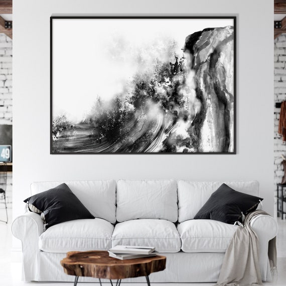 Japanese Sumi E Oriental Landscape Waves and Cliff Print, Asian Art Monochrome Ink Watercolor Minimal decor Zen Feng Shui Eco Friendly Gift