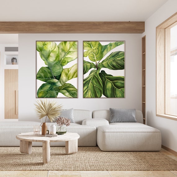 Set of Two Ficus Lyrata Art Print, Tropical Watercolor Wall Art Plant Beach Summer decor Housewarming Eco Friendly Gift Her Him Oversized