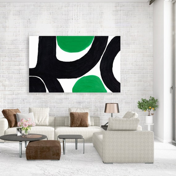 Black Abstract Shapes Print, Conceptual Wall Art Oversized Geometric Green Minimal Watercolor Modern Beach Office Decor Eco Friendly Art