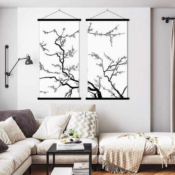 Set of Two Japanese Sakura Cherry Blossom Line Sketch Print, Asian Oriental Floral Zen Feng shui Minimal decor Eco Friendly Gift Her Him