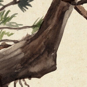 Pode incluir: Pintura em aquarela de um tronco de &aacute;rvore e galhos. O tronco &eacute; marrom escuro com tons marrons claros e cinza. Folhas e galhos verdes s&atilde;o vis&iacute;veis ao fundo. A obra de arte tem um estilo vintage e art&iacute;stico.