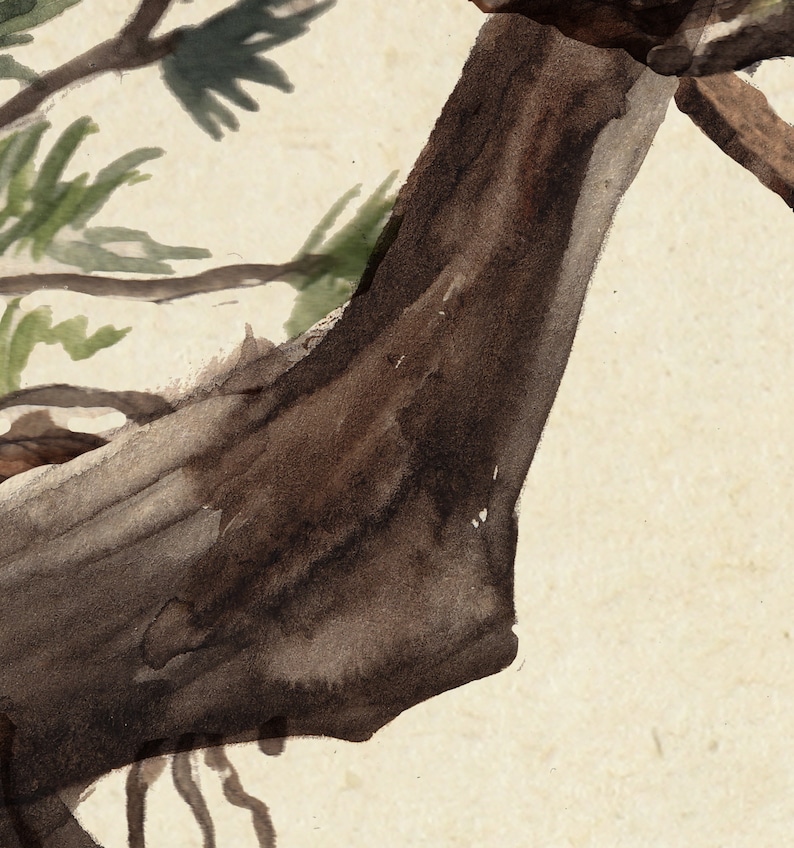 Pode incluir: Pintura em aquarela de um tronco de &aacute;rvore e galhos. O tronco &eacute; marrom escuro com tons marrons claros e cinza. Folhas e galhos verdes s&atilde;o vis&iacute;veis ao fundo. A obra de arte tem um estilo vintage e art&iacute;stico.