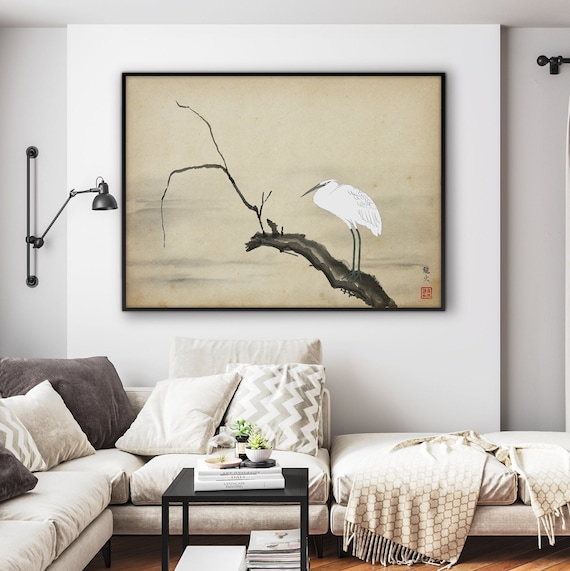 Japanese Oriental Heron on a Willow Branch Print, Ink Watercolor Asian Art Maruyama Okyo Minimal Zen Feng Shui Wall Decor Eco Friendly Gift