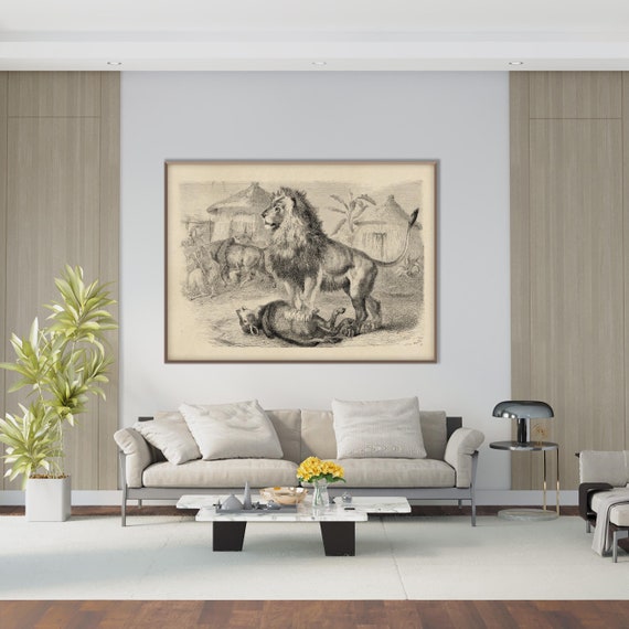 Vintage Lion Poster Print, African Feline Lithography Engraving Illustration XIX Century Monochrome Decor Housewarming Eco Friendly Gift
