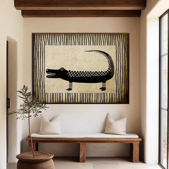 African Crocodilel Art Print, Ethnic Animal Decor Afro American Art Black Beige Tribal Style Boho Decor Housewarming Eco Friendly Gift