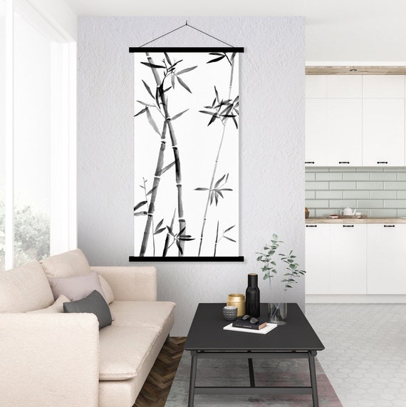 Japanese Sumi E Bamboo Branches Print, Asian Japanese Ink Watercolor Landscape Oriental Zen Feng shui Scroll Minimal decor Eco Friendly Gift