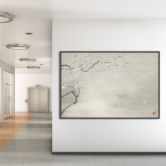 Japanese Sakura Cherry Blossom Petals Print, Oriental Asian Landscape Watercolor Scroll Minimal Zen Feng Shui Wall Decor Eco Friendly Gift