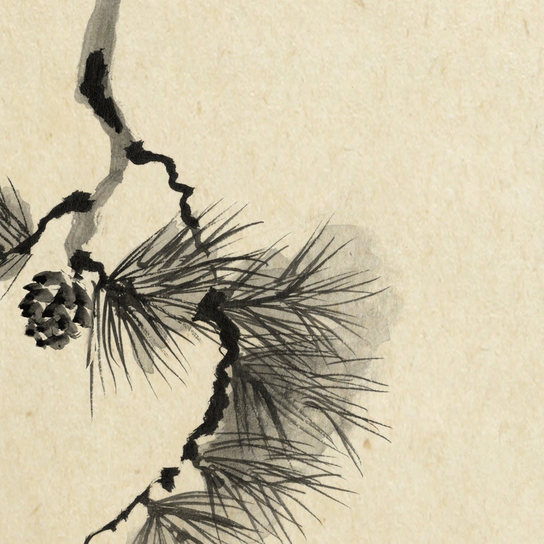 Japanese Sumi E Pine Tree Branches Print, Oriental Asian Landscape Ink ...