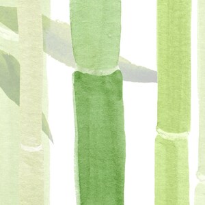 May include: A watercolor painting of green bamboo stalks against a white background.