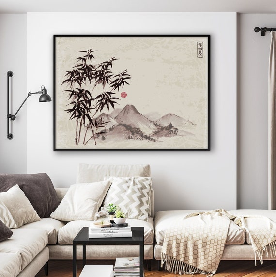 Japanese Bamboo Fuji Mount Landscape Print, Oriental Asian Watercolor Beautiful Feng Shui Zen Scrol Wall art Eco Friendly Gift Minimal decor