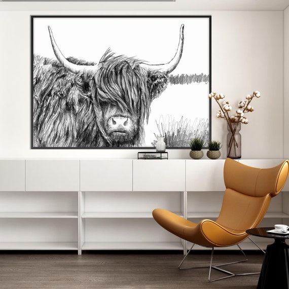 Highlands Cow Art Print, Charcoal Pencil Sketch Poster Wall Art Black White Cow Rustic Home Decor Decor Housewarming Eco Friendly Gift