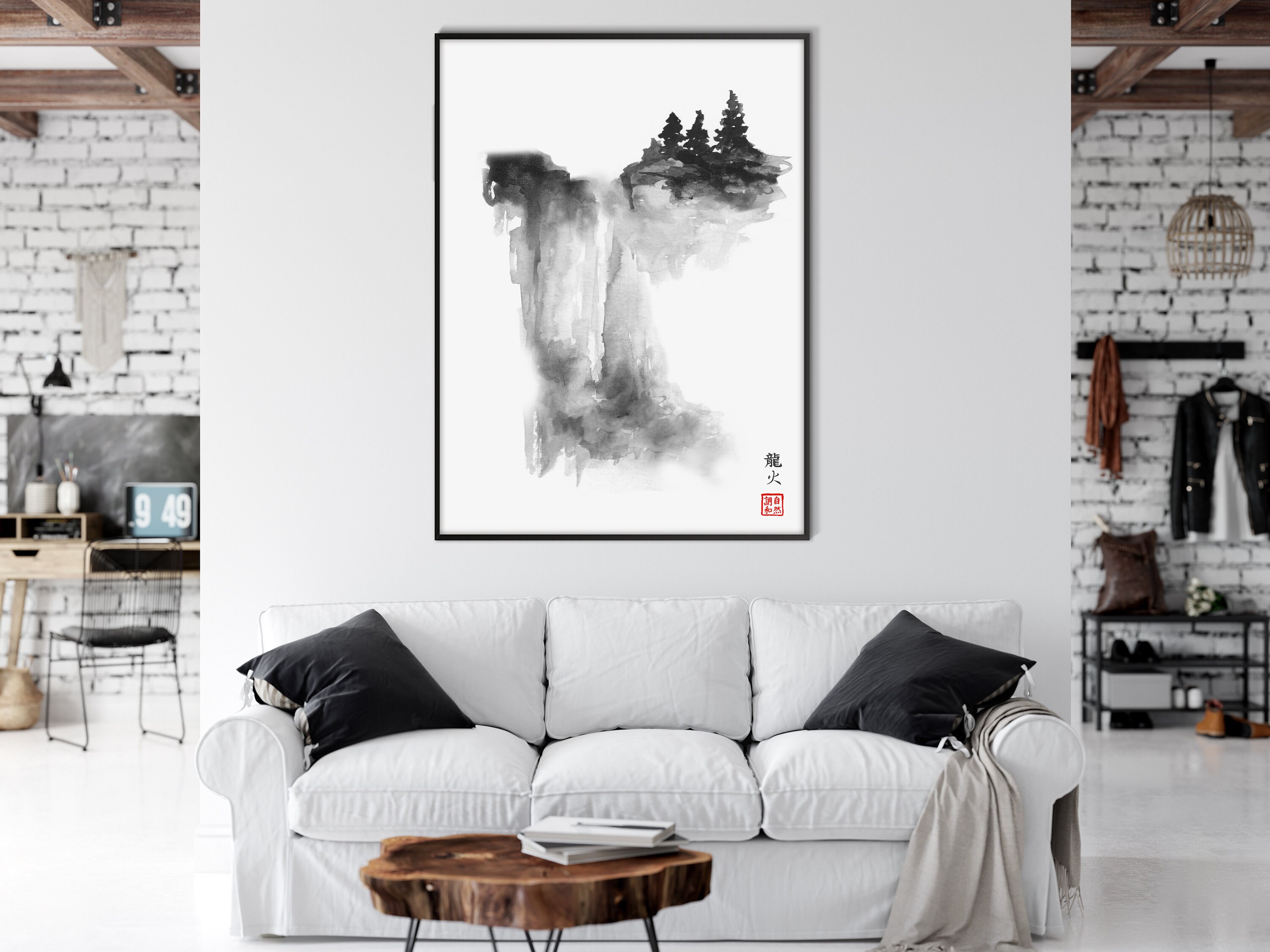 Japanese Sumi E Waterfall Mountain Trees Print, Japanese Asian Scroll