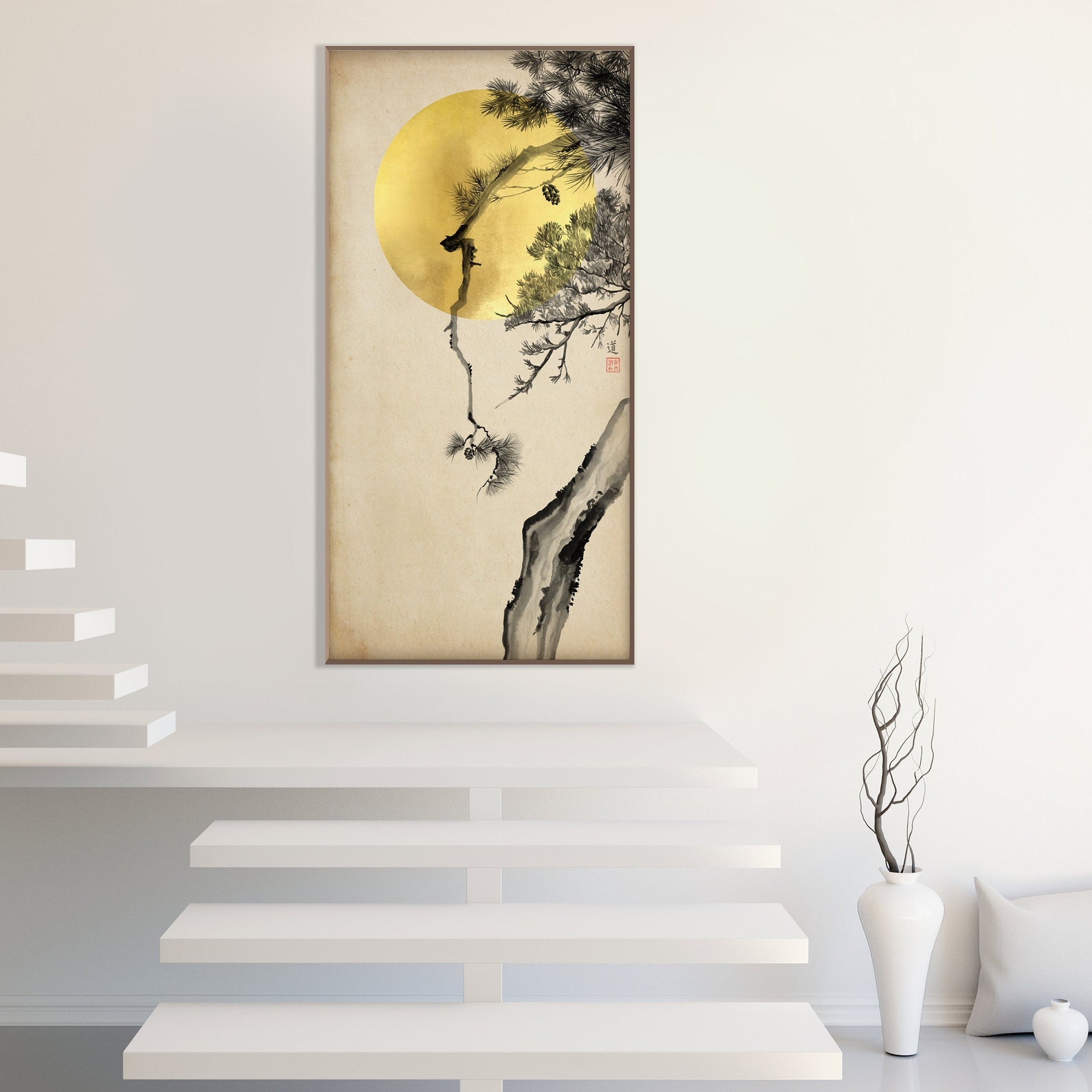 Japanese Sumi E Pine Tree Branches Print, Oriental Asian Landscape Ink ...