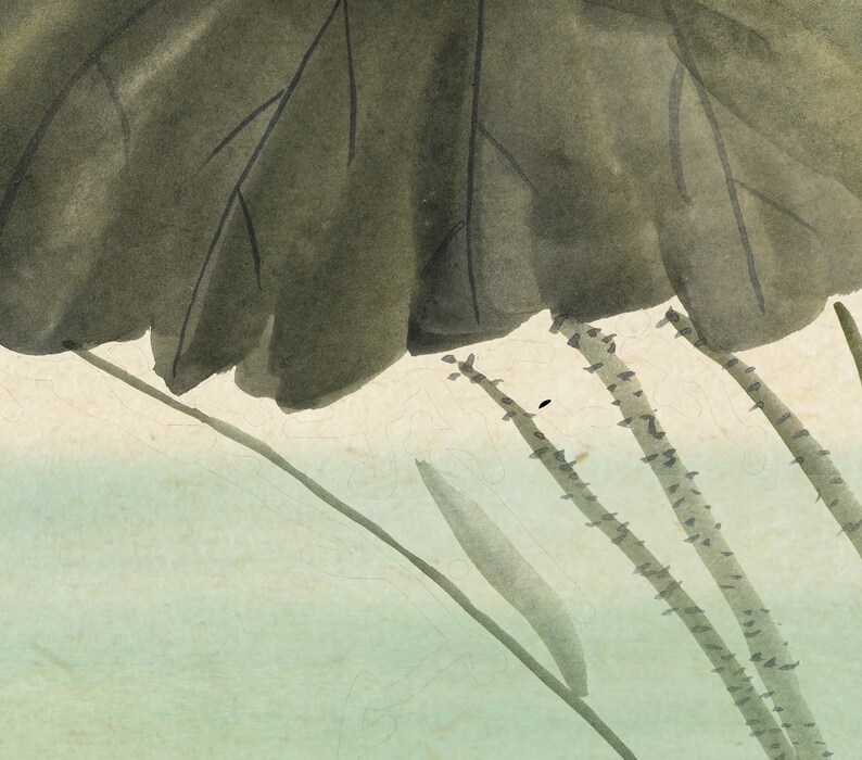May include: Watercolor painting of a lotus plant with a large, dark green leaf and several stems. The background is a soft, pale green and cream color, creating a serene and natural aesthetic.