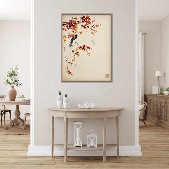 Japanese Maple Branches Bird Print,Oriental Asian Landscape Watercolor Scroll Minimal Zen Feng Shui Wall Room Decor Eco Friendly Gift