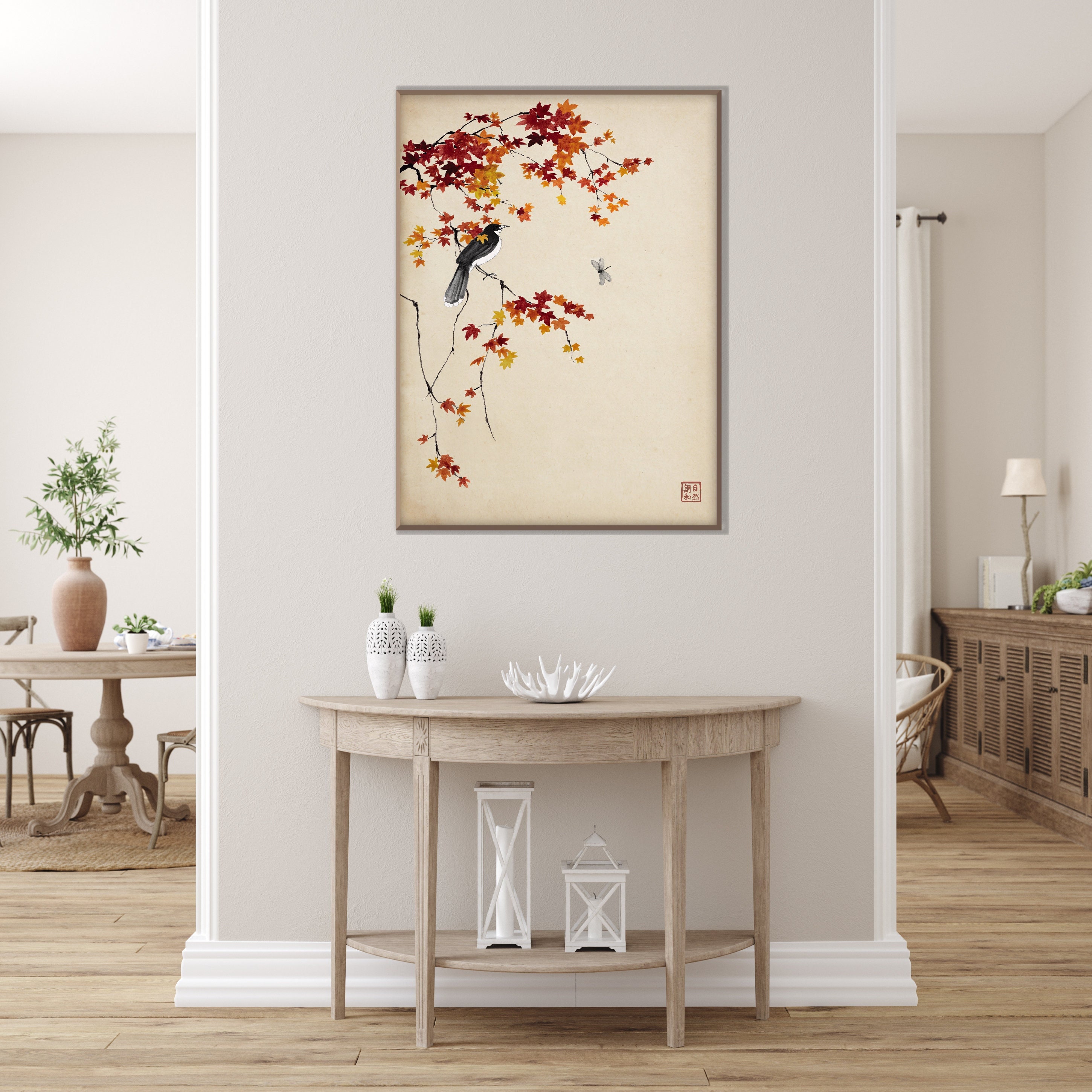 Japanese Maple Branches Bird Print,Oriental Asian Landscape Watercolor ...