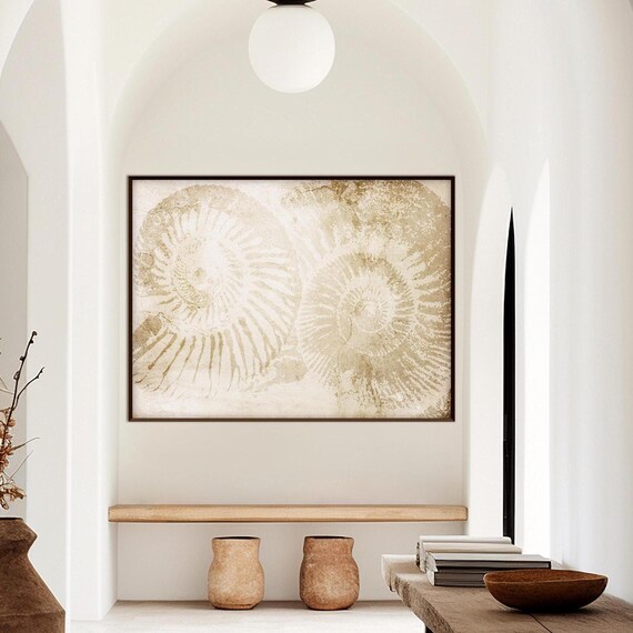 Ammonites Fossil Nautilus Shell Print, oversized Spiral Prints Ochre Wall Art Beach Nautical decor Eco Friendly Housewarming Gift Her Him