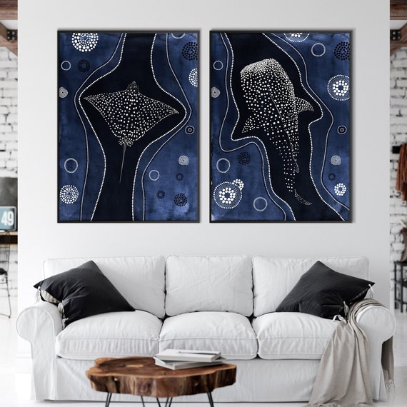 Set of Two Eagle Ray Whale Shark Art Print, Ethnic Aboriginal Style Tribal Wall Art Tribal Boho decor Housewarming Eco Friendly Gift Her Him