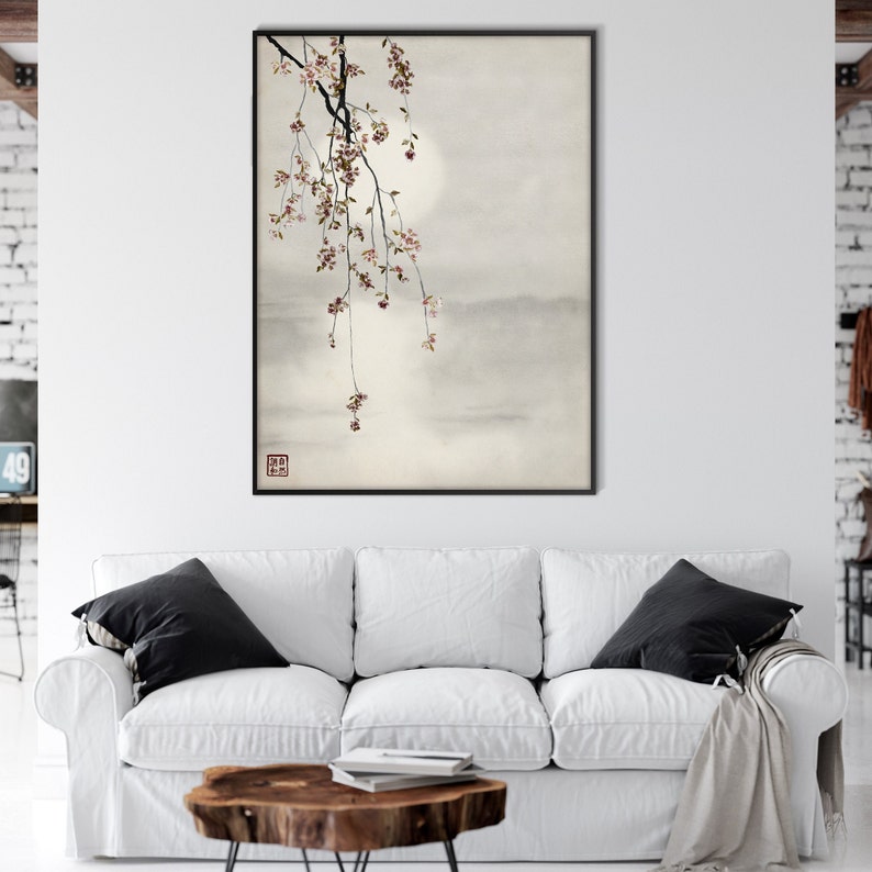 Japanese Sakura Cherry Blossom Water Sunset Print, Oriental Asian Landscape Watercolor Scroll Minimal Zen Feng Shui Decor Eco Friendly Gift image 4