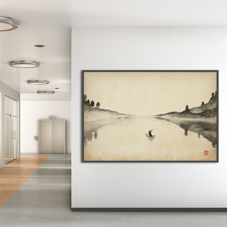Lámina Japonesa Paisaje Barquero Oriental, Acuarela Tinta Papel Viejo Decoración Minimalista SumiE Zen Feng Shui Arte Asiatico Pared Regalo imagen 4