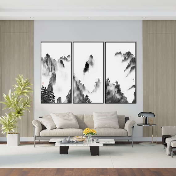 Set of Three Mountain Guilin Landscape Print, Monochrome Ink Watercolor Scroll Asian Mountain Sumi e Zen Feng Shui Decor Eco Friendly Gift