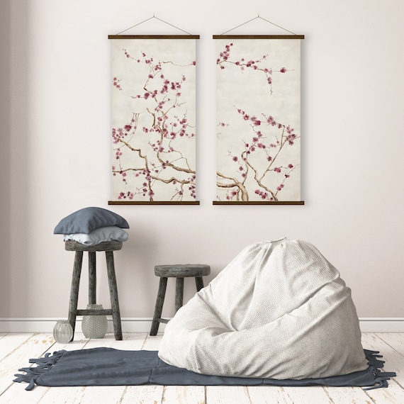 Set of Two Japanese Sakura Cherry Blossom Branches  Print,Oriental Asian Landscape Watercolor Minimal Zen Feng Shui Decor Eco Friendly Gift