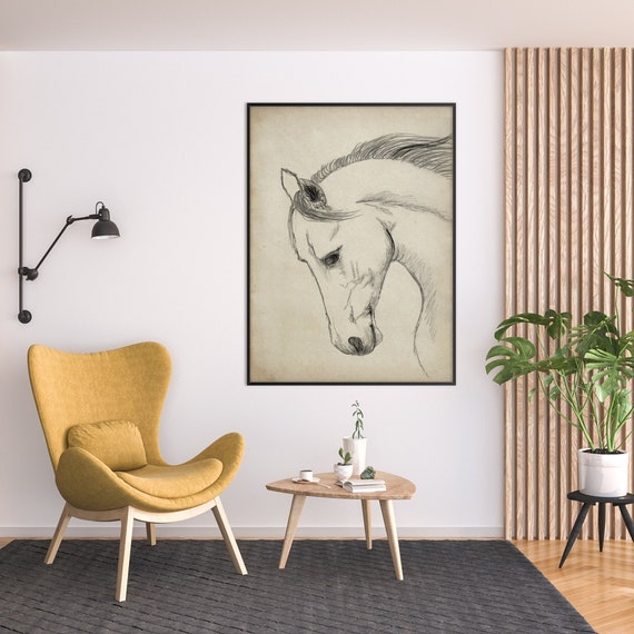 Horse Head Print, Horse Sketch Silhouette Line Art Minimal Livingroom Old Paper Eco Friendly Housewarming Gift Rustic Farm House Wall Decor