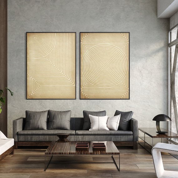Set of Two Beige Lines Wall Print,Aboriginal Inspiration Minimal Modern Livingroom Decor Eco Friendly Art Housewarming Gift Oversized Poster