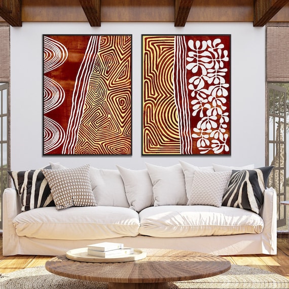 Set of Two Australian Aboriginal Style Art Print, Indigenous Inspiration Terracotta Minimal Modern Boho decor Housewarming Eco Friendly Gift