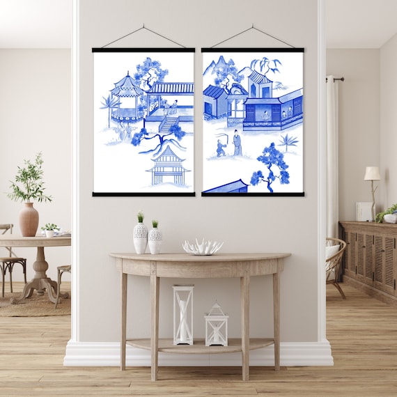 Set of Two Oriental Chinoiserie Print, Asian Temple Blue and White Wall Art Chinese Art Modern Minimal Decor Housewarming Eco Friendly Gift