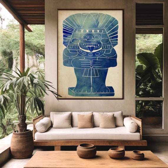 Tlaloc Mexican Aztec Rain God Print, Navy Blue Watercolor Indigenous American Pre Columbian Minimal Modern decor Eco Friendly Art Gift
