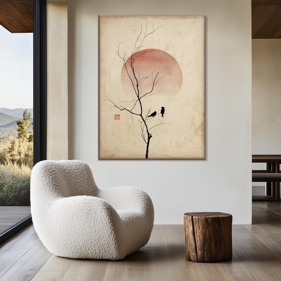 Japanese Zen Wall Art Print, Minimalist Bird and Red Sun Artwork, Wabi Sabi Nature Decor for Calm Meditation Housewarming Home