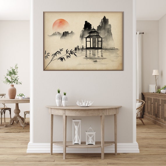 Oriental Temple Print, Asian Japanese Ink Watercolor Rising Sun Wall Landscape Minimal Zen Feng Shui Room Decor Aesthetic Eco Friendly Gift