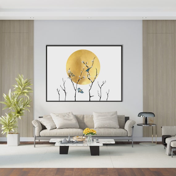 Japanese Golden Moon Sakura Cherry Blossom Print,Oriental Asian Blue Bird Landscape Watercolor Minimal Zen Feng Shui Decor Eco Friendly Gift