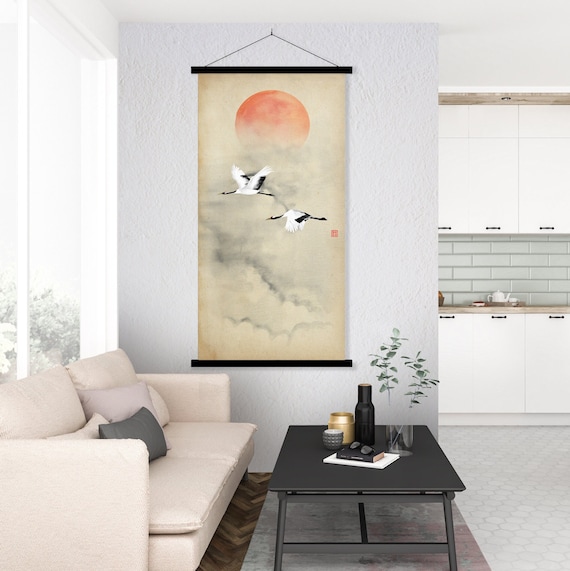 Japanese Red Crowned Cranes Print, Asian Landscape Oriental Rising Sun Zen Feng shui Wall Hanging Scroll Minimal decor Eco Friendly Gift