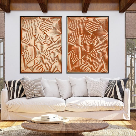 Set of Two Australian Aboriginal Style Art Print, Ethnic Tribal Print Terracotta Minimal Modern Boho decor Housewarming Eco Friendly Gift