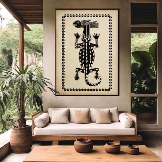 African Animal Art Print, Crocodile Ethnic Decor Afro American Art Black Beige Tribal Style Boho Decor Housewarming Eco Friendly Gift